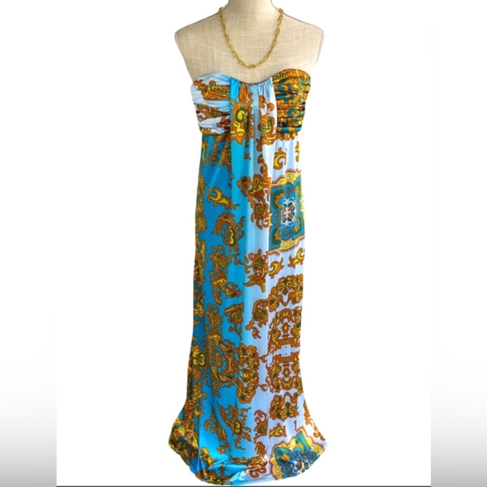Stunning soft lined long maxi Blue and Gold Strapless Dress Size Medium